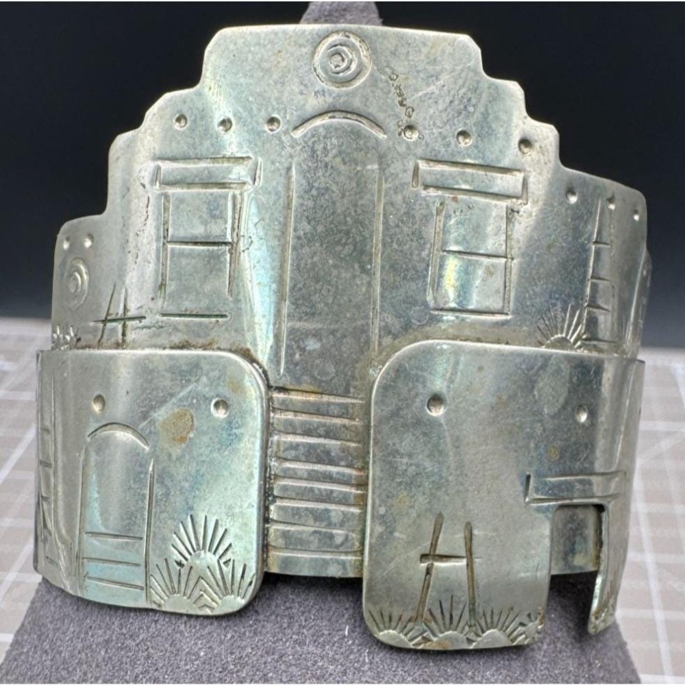 Vintage Cuff Bracelet Pueblo Adobe Village Silver Tone Chunky Artisan Signed